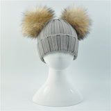 Grey Double Natural Pomkin Fur Pom Hat