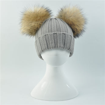 Mini Grey Double Natural Pomkin Fur Pom Hat