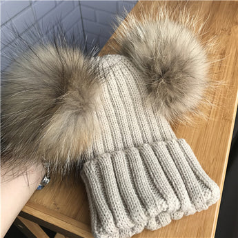 Beige Double Natural Pomkin Fur Pom Hat