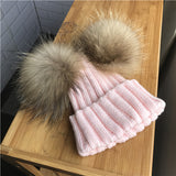 Pink Double Natural Pomkin Fur Pom Hat