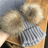 Grey Double Natural Pomkin Fur Pom Hat