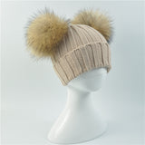 Beige Double Natural Pomkin Fur Pom Hat