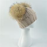 Beige Double Natural Pomkin Fur Pom Hat