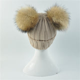 Beige Double Natural Pomkin Fur Pom Hat