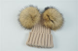 Beige Double Natural Pomkin Fur Pom Hat