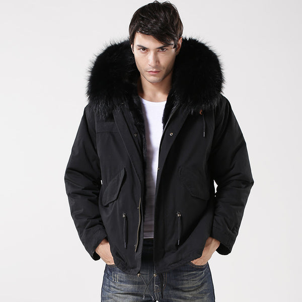 Men's Black Fur Lined Convertible Parka - Short