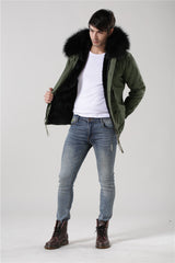 Men's Black Fur Convertible Green Parka - Short