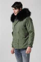 Men's Black Fur Convertible Green Parka - Short