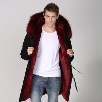 Men's Black Burgundy Fur Convertible Parka