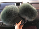 Green Olive Fox Fur Slippers Slides Flip Flops