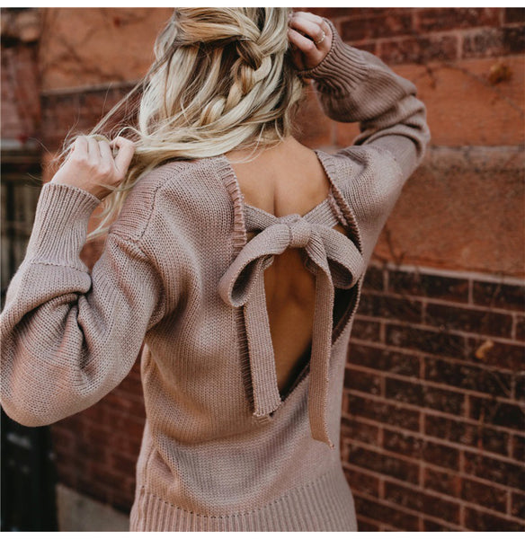 CLAIRE Backless Bow Tie Sweater - Blush Pink