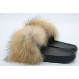 Raccoon Fur Slides Slippers - Natural Brown