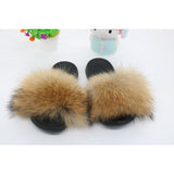 Raccoon Fur Slides Slippers - Natural Brown