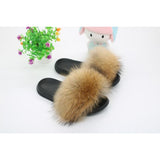 Raccoon Fur Slides Slippers - Natural Brown