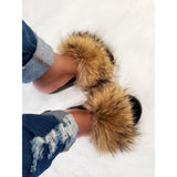 Raccoon Fur Slides Slippers - Natural Brown