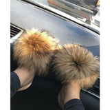 Raccoon Fur Slides Slippers - Natural Brown