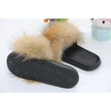 Raccoon Fur Slides Slippers - Natural Brown