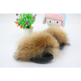 Raccoon Fur Slides Slippers - Natural Brown