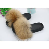 Raccoon Fur Slides Slippers - Natural Brown