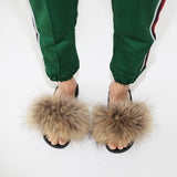 Raccoon Fur Slides Slippers - Natural Brown