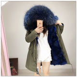 Blue Fur Raccoon Winter Army Green Coat Parka